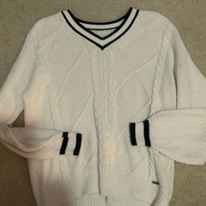 academic white and blue oversized cable knit sweater